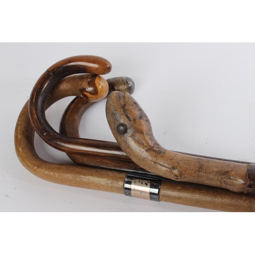 535 - A vintage snake head walking stick and three others.