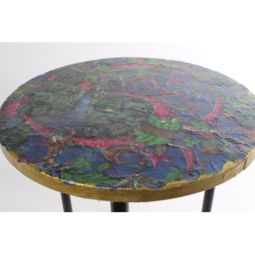 598 - Two decoupage topped circular tables on metal bases.