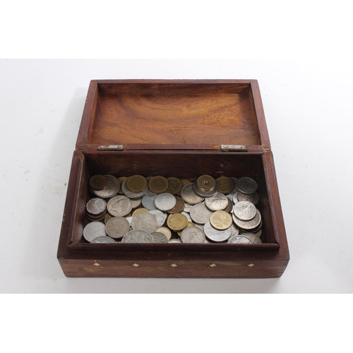 619 - A wooden jewellery box and and lot of assorted coinage.