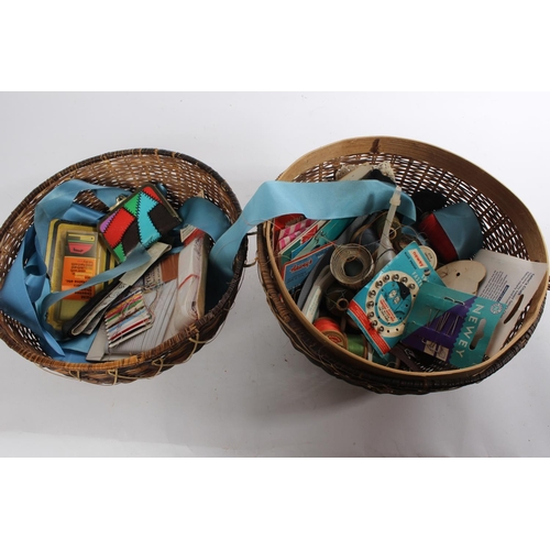 636 - A vintage rattan sewing basket and its contents.