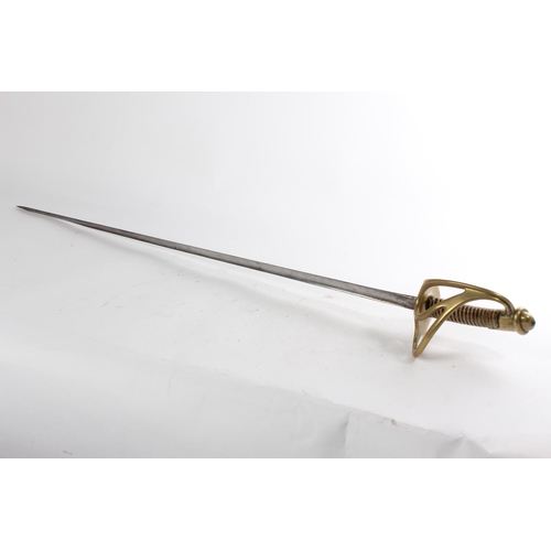 664 - An antique French brass and shark skin handled military sword, hand guard stamped R B 26365.