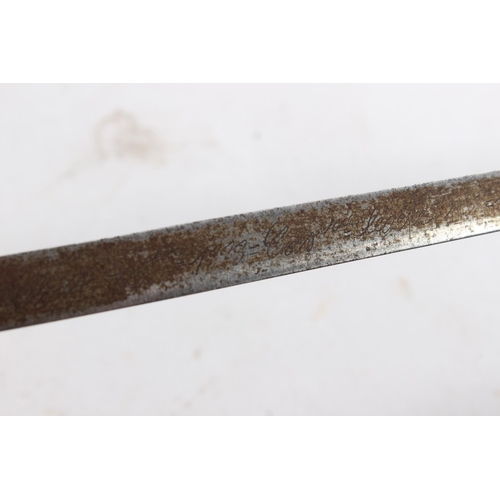 664 - An antique French brass and shark skin handled military sword, hand guard stamped R B 26365.