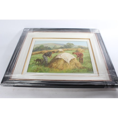 680 - A stunning framed oil painting 'Covering the Haystacks' signed Donal McNaughton.