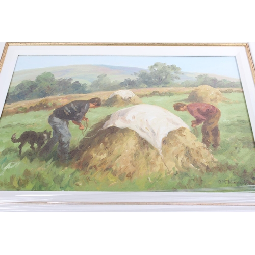 680 - A stunning framed oil painting 'Covering the Haystacks' signed Donal McNaughton.