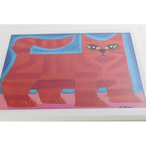 685 - A framed oil painting 'Red Cat' signed M King.