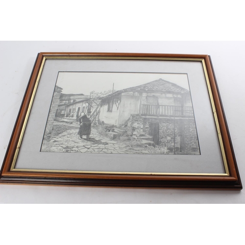 688 - A framed pencil drawing 'Old Kakopetria, Cyprus' signed S O'Neill.