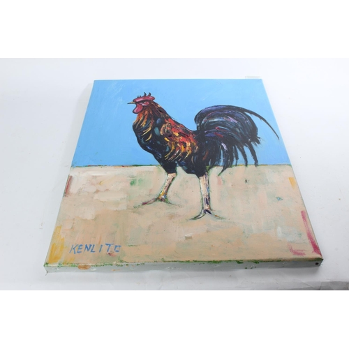 716 - An unframed oil painting of a rooster signed Kenlito.