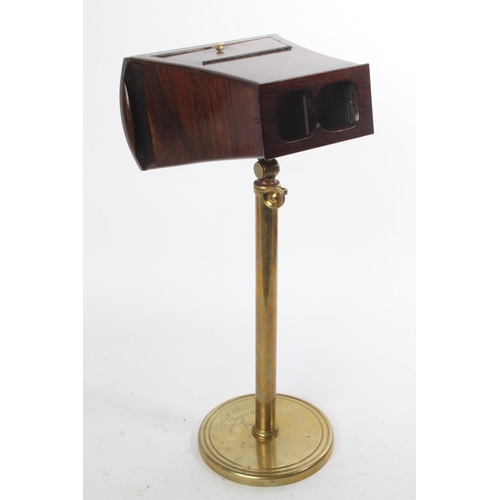 734 - A stunning & unusual antique brass and oak stereoscope slide viewer, mounted on brass base, inscribe... 