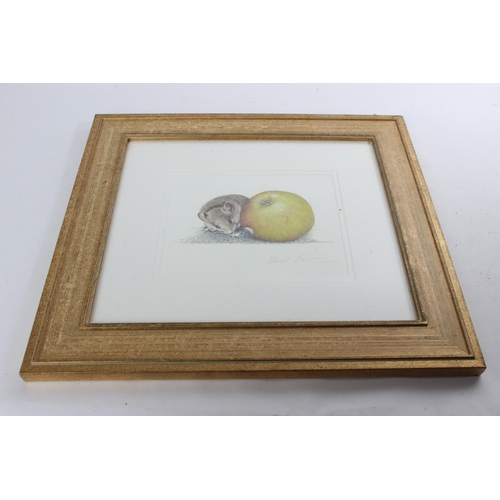 739 - A signed print of a mouse and apple.