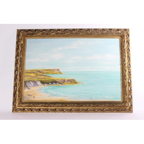 746 - A large gilt framed oil painting on board 'Whitepark Bay, Antrim Coastline' signed G McAdam.