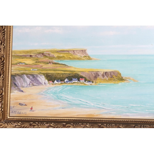 746 - A large gilt framed oil painting on board 'Whitepark Bay, Antrim Coastline' signed G McAdam.