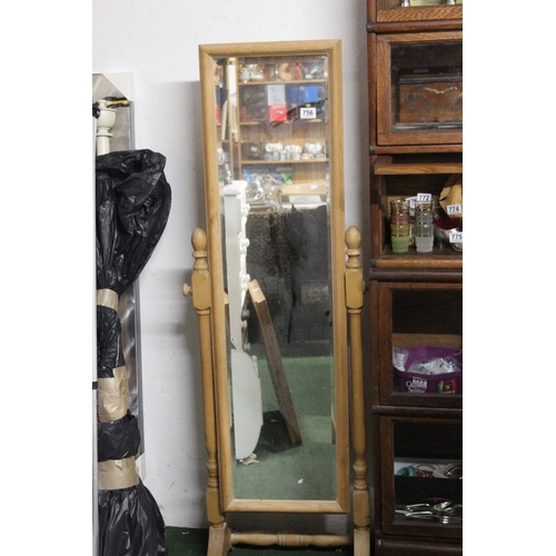 756 - A pine cheval dressing mirror.