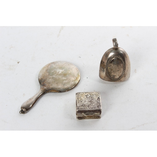 780 - A miniature silver plated mirror, bell and pill box.