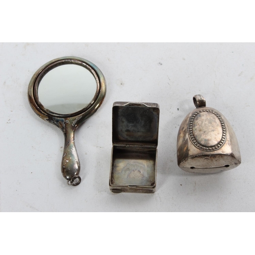 780 - A miniature silver plated mirror, bell and pill box.