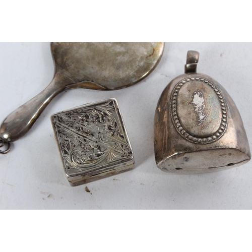 780 - A miniature silver plated mirror, bell and pill box.