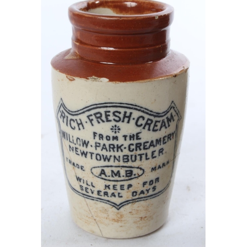 791 - An antique stoneware jar 'Willow Park Creamery, Newtownbutler' (a/f) and another.