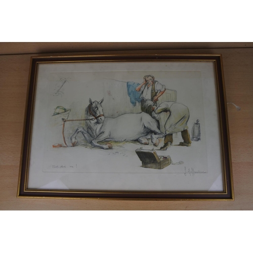 804 - A framed comical equestrian print Mal 'Eleve' va, signed.