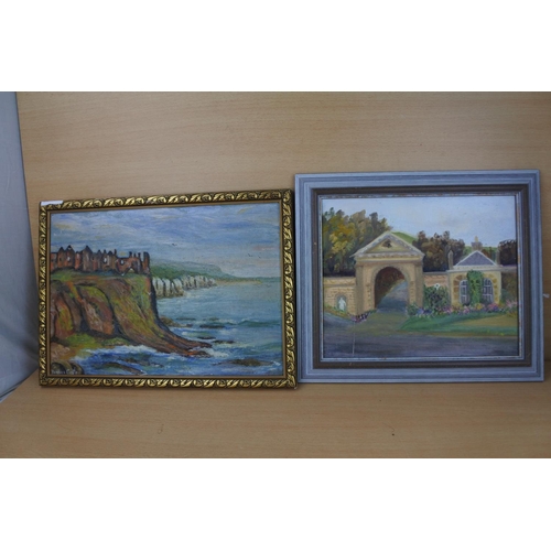 860 - A framed oil painting of Dunluce Castle and another.