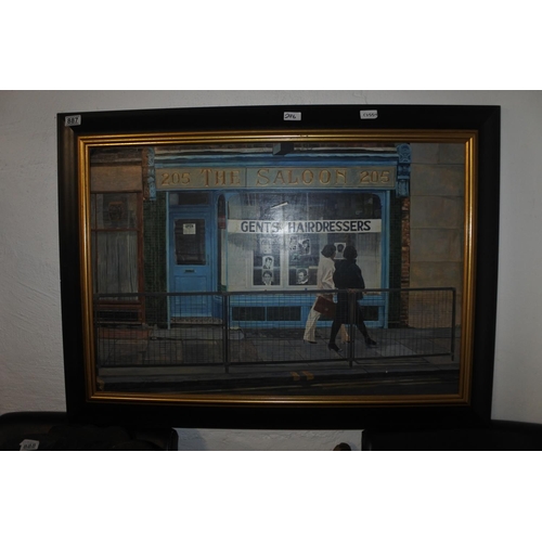 887 - A large framed painting of a street scene signed F Boyle 1982, painting measures 85cm x 57cm.