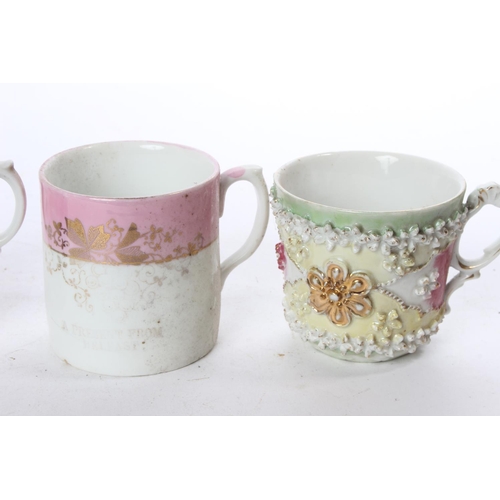 956 - A collection of 3 antique souvenir cups, along with similar jug.