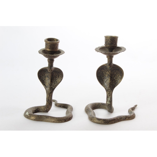 158 - An unusual pair of vintage brass snake candlesticks.
