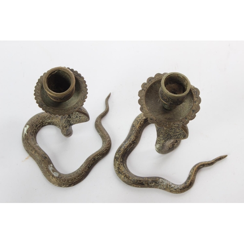 158 - An unusual pair of vintage brass snake candlesticks.