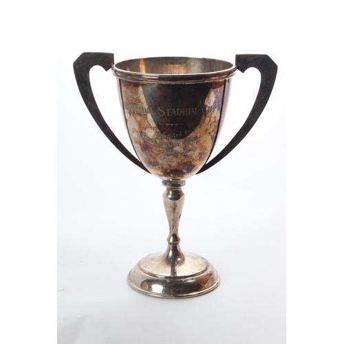 177 - A large silver plated cup/ award, 'Antrim Stadium Cup - Presented by RJ Scott Esq - 1972'.