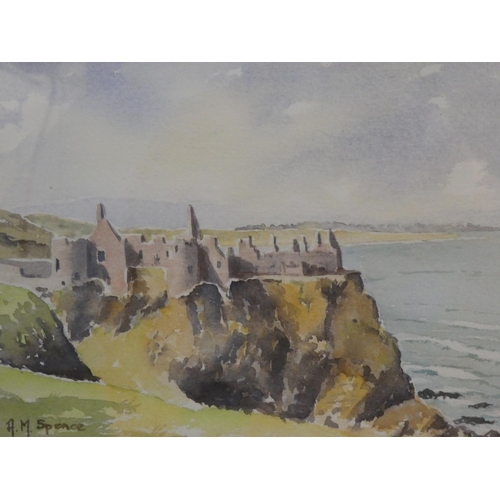 104 - A pair of framed watercolours 'Dunluce Castle' and 'Portbalintrae Beach' signed A M Spence, painting... 