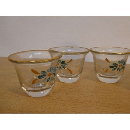 109 - A vintage hand painted decanter and six shot glass set.