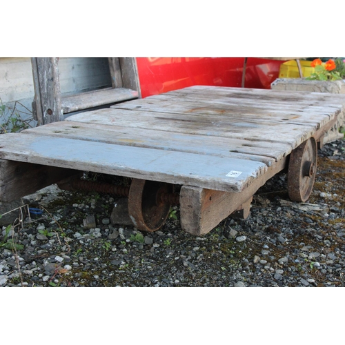 16 - An antique Slingsbury wooden cart with cast iron wheels, used for tannery for leatherworking and hid... 