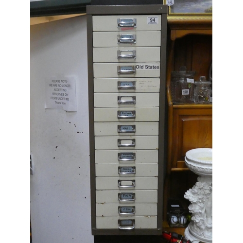 94 - A vintage metal index 15 drawer cabinet.