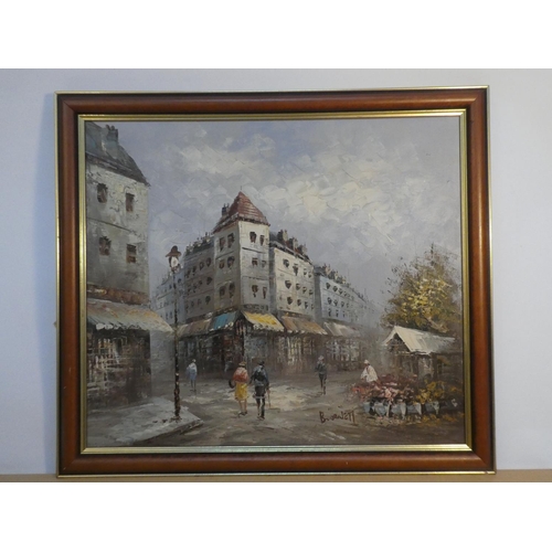 98 - A large framed oil painting of a Paris street scene signed Bournett.