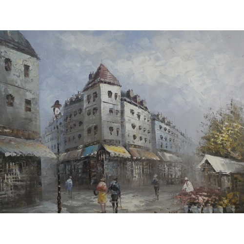 98 - A large framed oil painting of a Paris street scene signed Bournett.