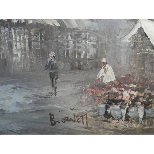 98 - A large framed oil painting of a Paris street scene signed Bournett.