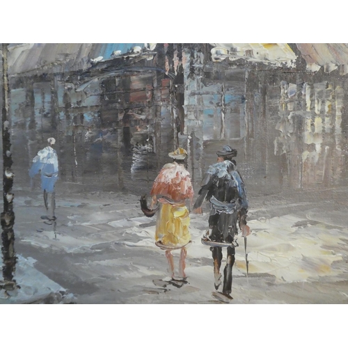 98 - A large framed oil painting of a Paris street scene signed Bournett.