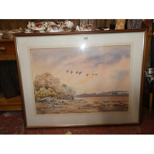 444 - A large stunning framed watercolour 'City Skyline at Sunset' by Irish artist Ashley Coulter, paintin... 