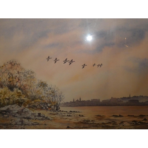 444 - A large stunning framed watercolour 'City Skyline at Sunset' by Irish artist Ashley Coulter, paintin... 