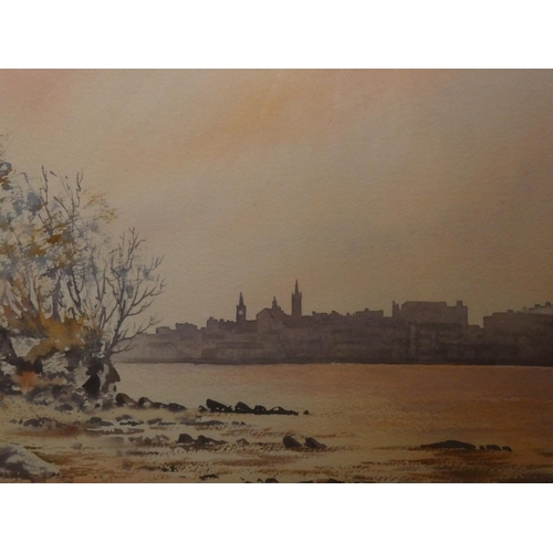 444 - A large stunning framed watercolour 'City Skyline at Sunset' by Irish artist Ashley Coulter, paintin... 
