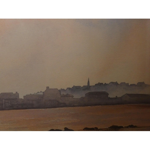 444 - A large stunning framed watercolour 'City Skyline at Sunset' by Irish artist Ashley Coulter, paintin... 