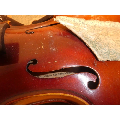 653 - An Antonius Stradivarius violin for restoration and case, made in German.