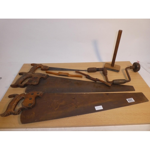 657 - A  lot of various vintage hand tools to include an Adams small handsaw,