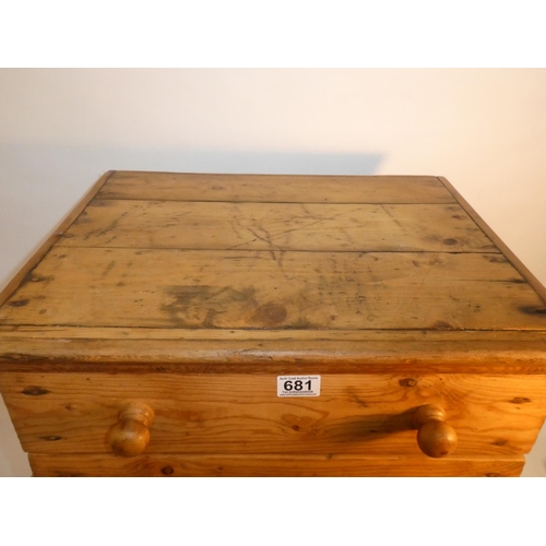 681 - A small antique pine chest of five drawers, measuring 52cm x 62cm x 42cm.