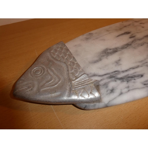 690 - A marble and metal fish serving platter.