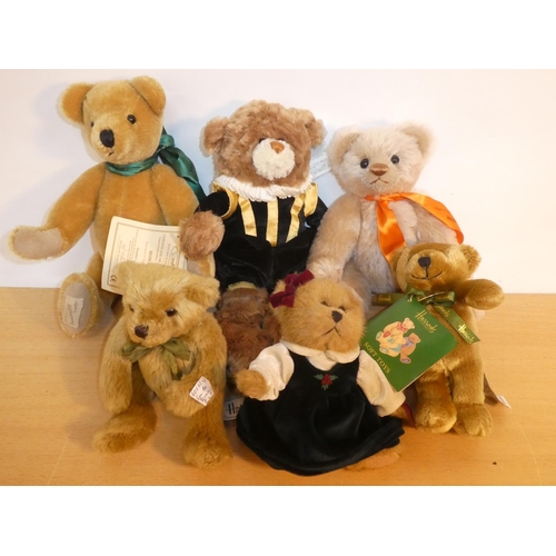 702 - A lot of six collectors teddy bears to include Dean's Howard, Hejda, Harrod's and more.