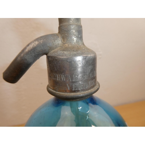 680 - A stunning antique blue glass soda syphon, Schwab and Charlet Verdun.