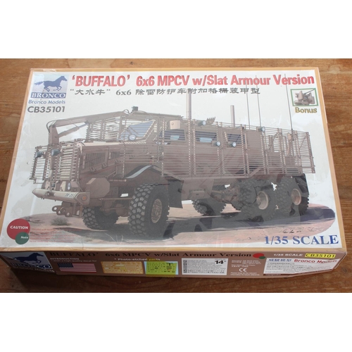 A boxed Bronco Models 'Buffalo' 6x6 MPCV w/Slat Armour Verson