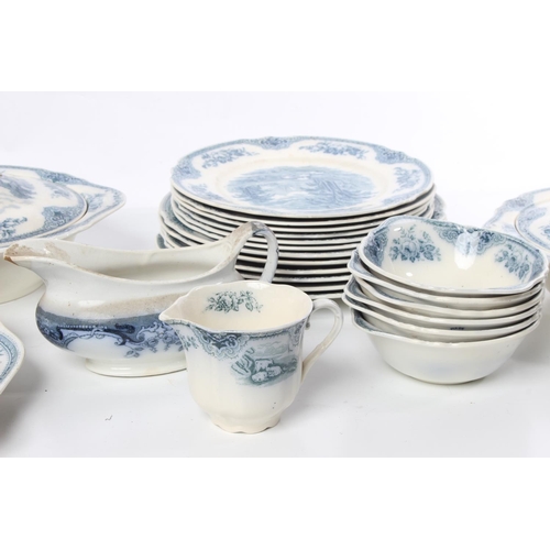 171 - An antique blue and white patterned dinner set to include two lidded tureens, a set of three platter... 