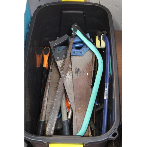 154 - A large plastic heavy duty box and an assortment of tools.