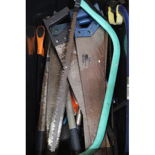 154 - A large plastic heavy duty box and an assortment of tools.