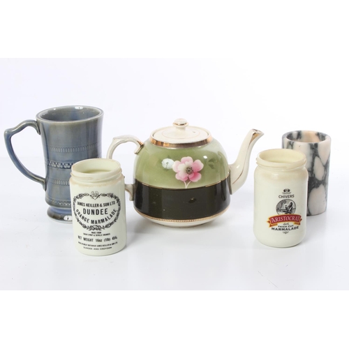 162 - An antique teapot, two vintage marmalade glass jars and more.